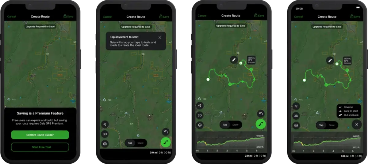 Gaia GPS Route Builder tool redesign with premium paywall